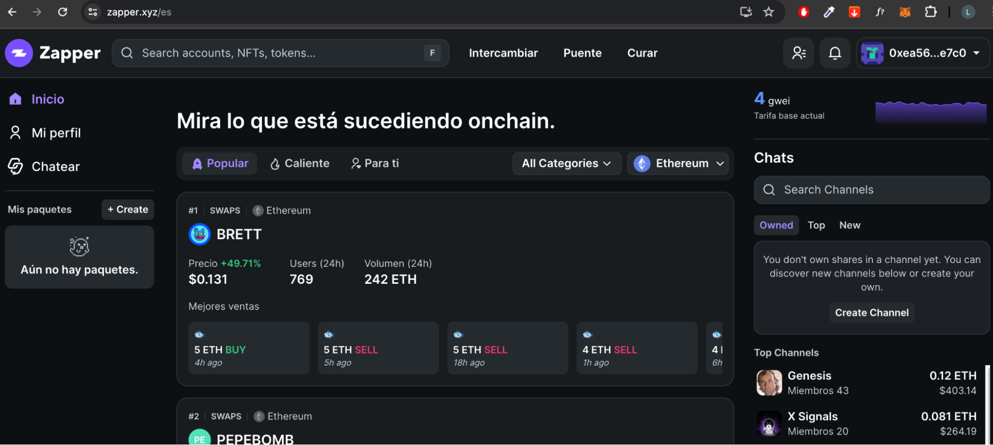 Zapper Web3 dashboard showing DeFi assets, token trends, swaps, chats, and onchain activity